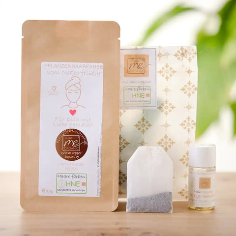 Pflanzenhaarfarbe Set warm copper brown, vegane Naturkosmetik, Shampoo, Teebeutel, Geschenkverpackung